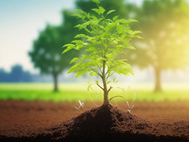 Due agricoltori stanno piantando piantine nel terreno e lo sfondo verde è sfocato con il concetto