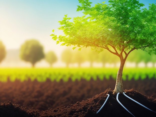 Due agricoltori stanno piantando piantine nel terreno e lo sfondo verde è sfocato con il concetto