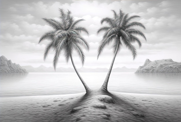 due alberi di cocco in piedi nella sabbia su una spiaggia nello stile di solarizing maestro