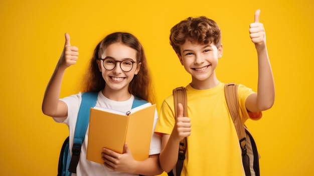 Due allegre giovani piccole studentesse e scolaro felici fanno sorridere le dita dei pollici in su isolate su sfondo di colore gialloCreato con tecnologia AI generativa