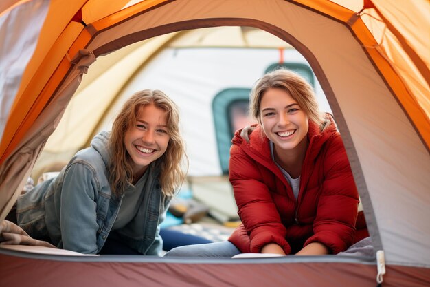 Due amiche adolescenti dentro una tenda da campeggio