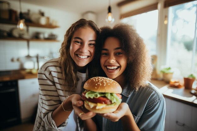 Due amiche adolescenti in una casa con un hamburger