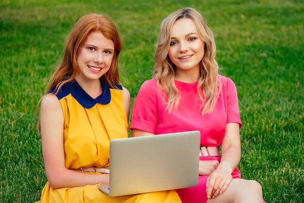 Due amiche blogger bella giovane donna irlandese rossa rossa in un vestito giallo e una donna bionda in un vestito rosa che parla online sulla comunicazione video sul computer portatile nel parco estivo