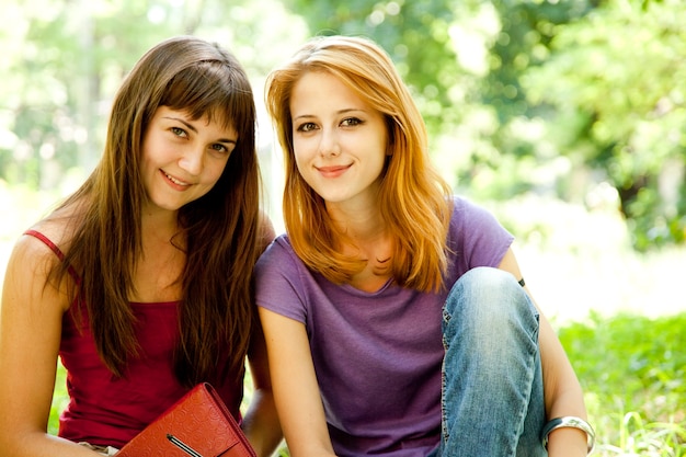 Due amiche che fanno i compiti al parco.