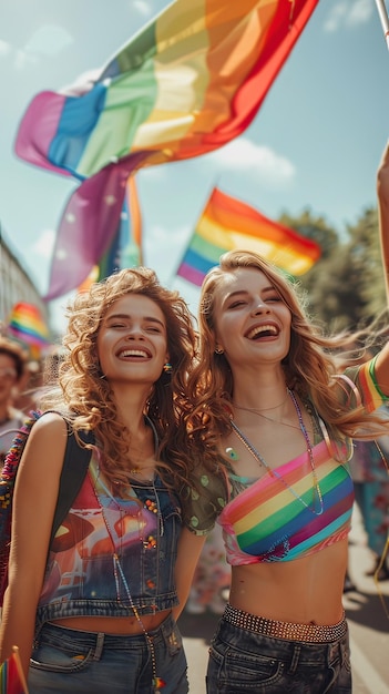 Due amiche che festeggiano insieme la parata dell'orgoglio LGBTQ Generative AI