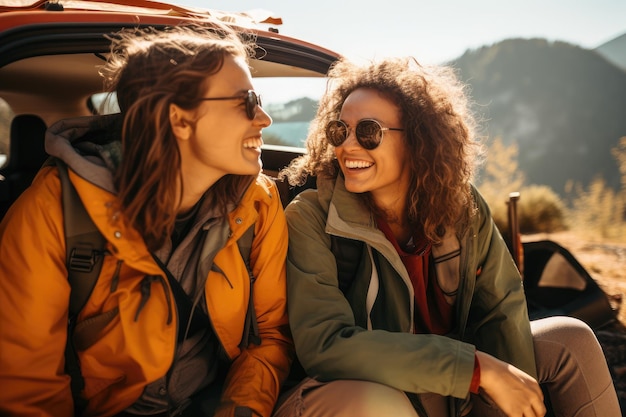 Due amiche in macchina che guidano su una strada con palme da viaggio intorno a AI Generative