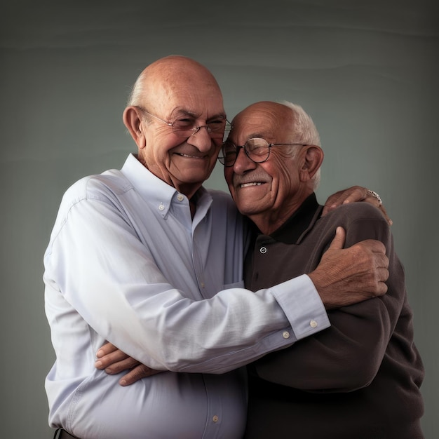 Due amici anziani si abbracciano