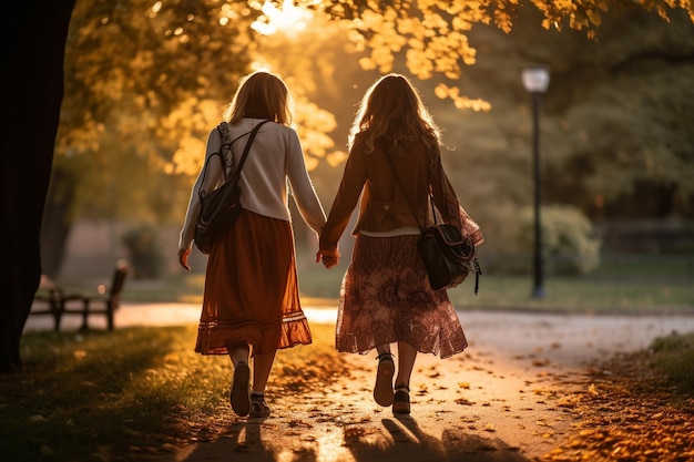 Due amici che camminano insieme nel parco condividendo momenti di felicità