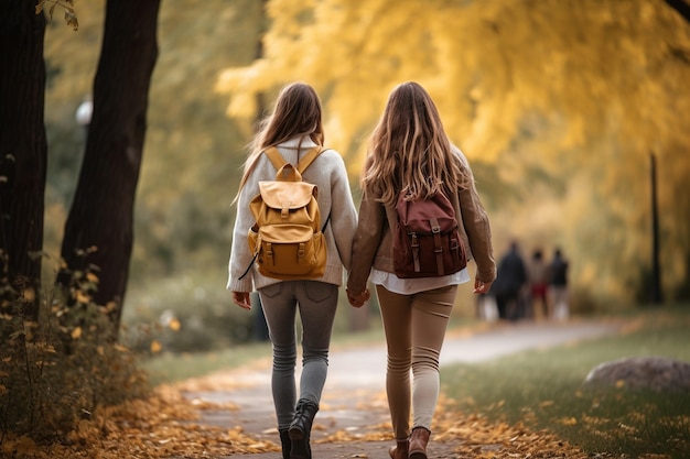 Due amici che camminano insieme nel parco condividendo momenti di felicità