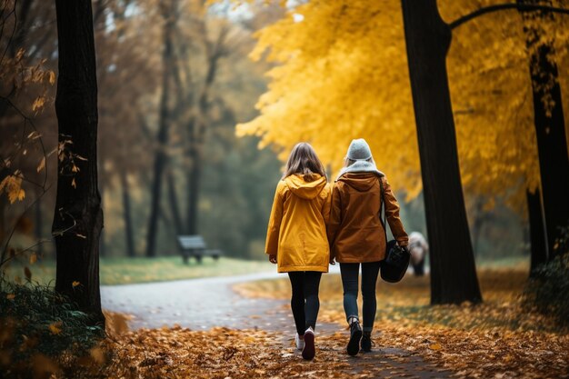 Due amici che camminano insieme nel parco condividendo momenti di felicità