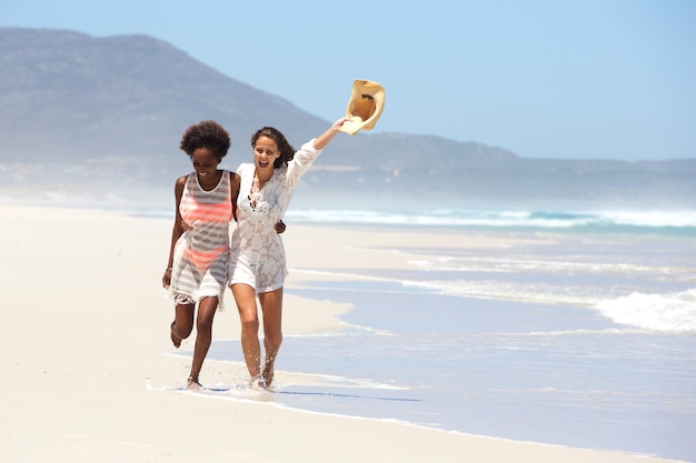 Due amici femminili che camminano a piedi nudi sulla spiaggia