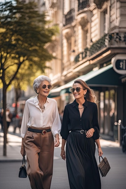 Due amici in abiti eleganti e alla moda che camminano insieme lungo la strada