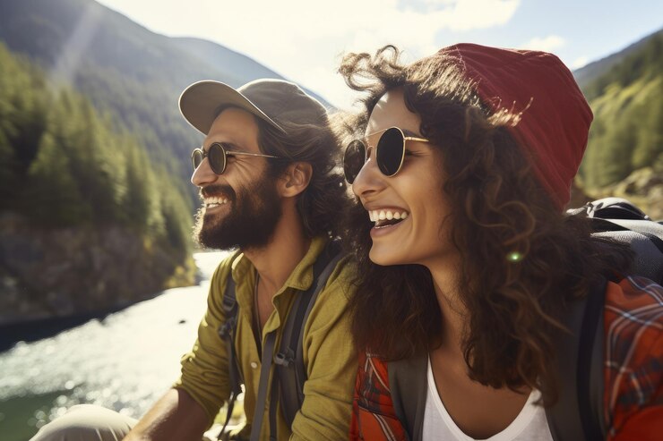 Due amici in macchina che guidano su una strada con palme da viaggio intorno a AI Generative