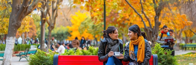 Due amici seduti su una panchina del parco che ridono insieme godendosi un caffè relazioni forti