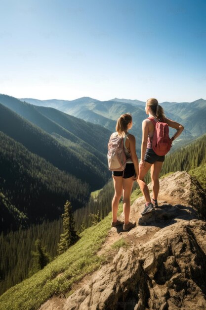 Due amici si godono un'escursione e guardano la montagna in estate creata con l'IA generativa