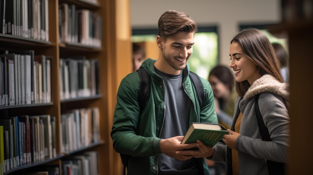 Due amici studenti nella biblioteca che leggono un libro