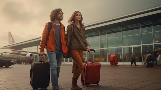 due amici vicino al terminal dell'aeroporto con la valigia