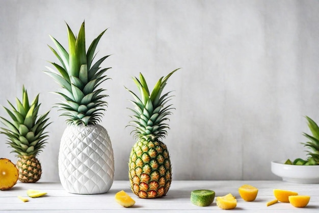 due ananas sono su un tavolo con altri frutti