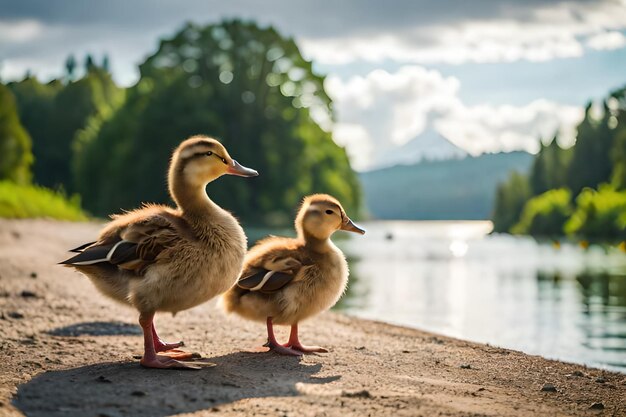 Due anatre sono in piedi su una sporgenza vicino a un lago.