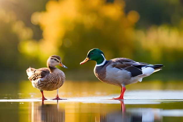 Due anatre stanno su un lago, una guarda l'altra.