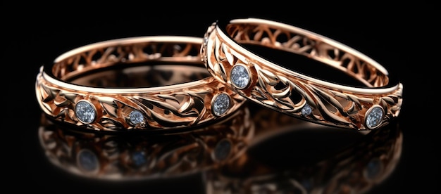 Due anelli d'oro con diamanti su uno sfondo nero