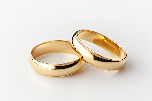 Due anelli di nozze d'oro isolati su bianco