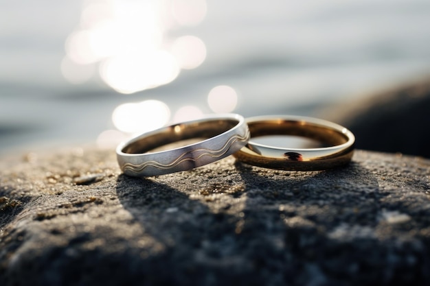 Due anelli nuziali su una pietra vicino al mare