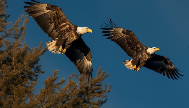 Due aquile calve volano nel cielo.