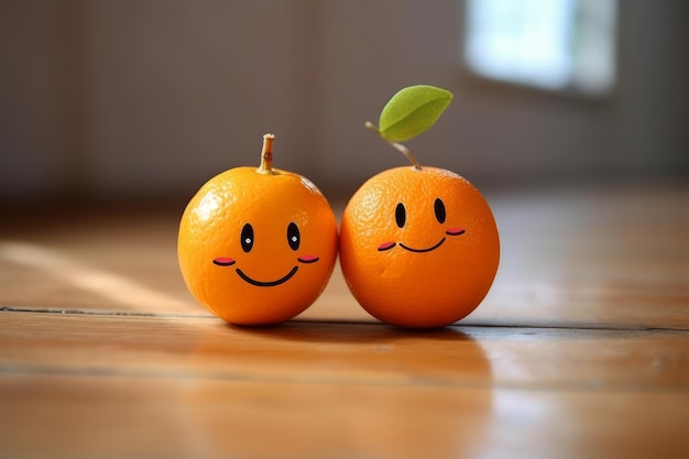 Due arance siedono su un pavimento di legno su una delle quali c'è la parola arancione