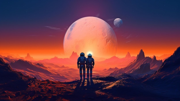 Due astronauti in un'opera d'arte che usano l'IA generativa su un pianeta extraterrestre al tramonto