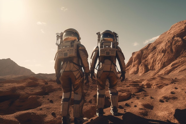 Due astronauti stanno davanti a una montagna e guardano il cielo.