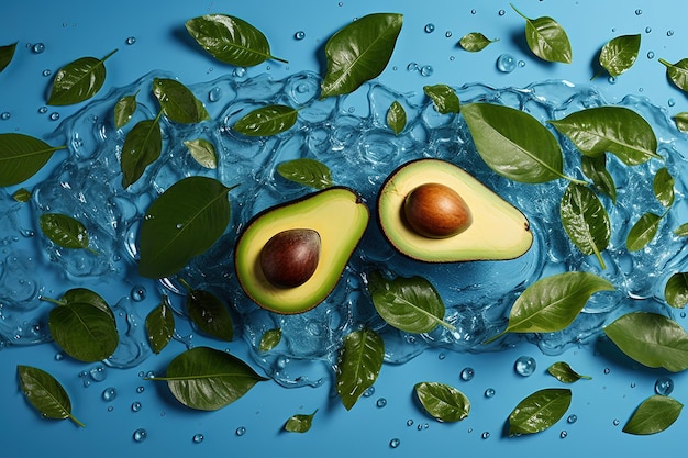 Due avocado su sfondo blu con foglie verdi e acqua generativa ai