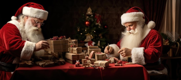Due Babbo Natale che imballano scatole regalo per l'attività di consegna dei regali durante le vacanze di Natale