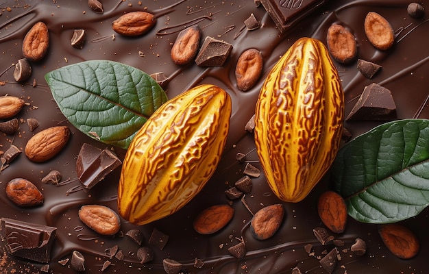 Due baccelli di cacao freschi e cacao con foglie e noci su sfondo scuro