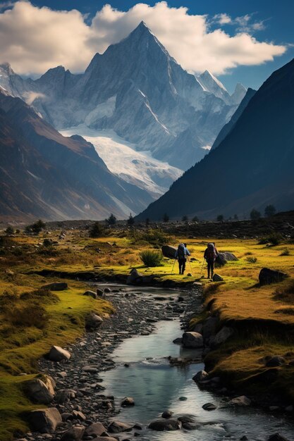 Due backpacker che esplorano incredibili paesaggi di montagna viaggi e escursioni