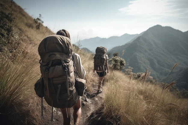 Due backpackers che fanno un'escursione su un sentiero di montagna