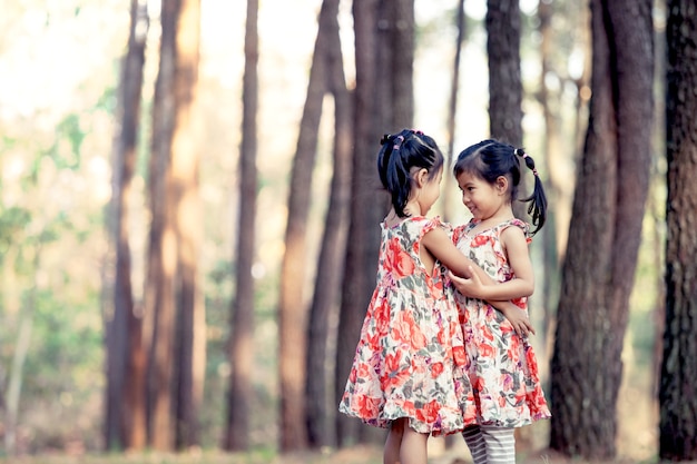Due bambine asiatiche divertendosi da giocare insieme nel parco dell&#39;albero di pino in filtro colorato d&#39;annata