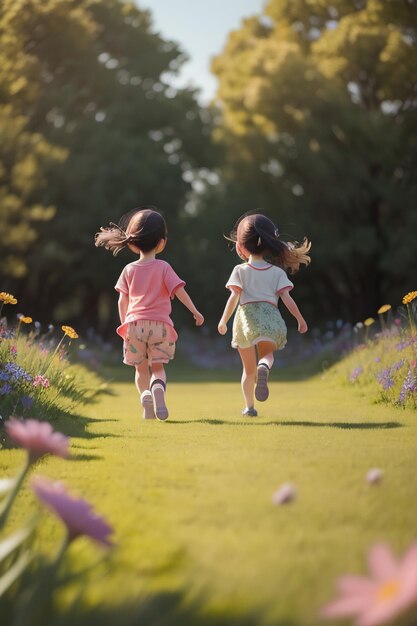 Due bambine che corrono lungo un sentiero tenendosi per mano