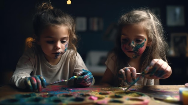 Due bambine che dipingono con la vernice sui loro volti, uno dei quali è un arcobaleno.