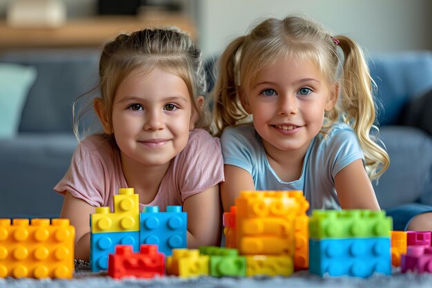 Due bambine giocano con i mattoncini sul pavimento