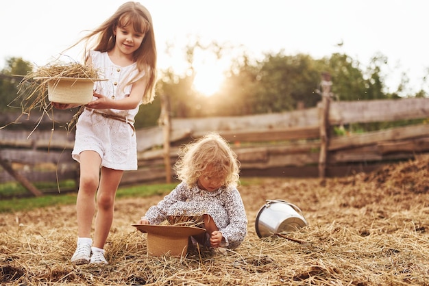 Due bambine insieme nella fattoria in estate durante il fine settimana