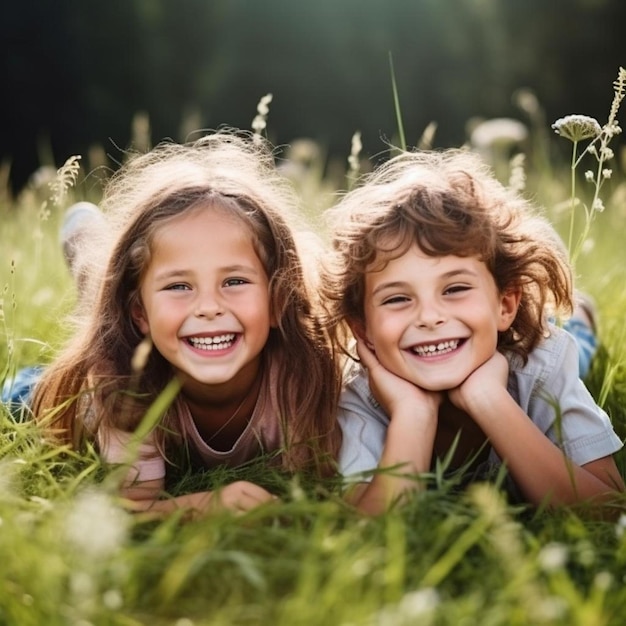 due bambine sdraiate sull'erba sorridenti