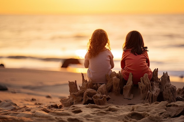 Due bambine sedute vicino alla spiaggia che guardano la riva del mare