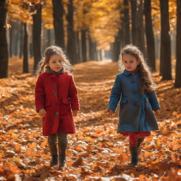 Due bambine stanno giocando tra le foglie d'autunno per una passeggiata nella foresta.