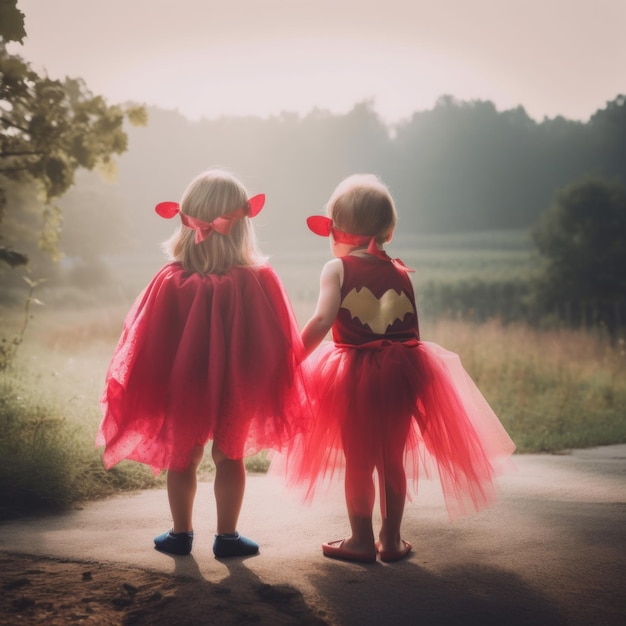 Due bambine vestite con tutù rosso Immagine AI generativa