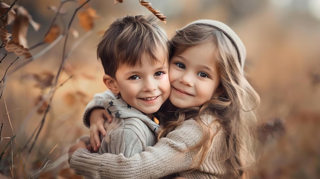 Due bambini adorabili un ragazzo e una ragazza sono catturati in un caldo abbraccio in mezzo a un pittoresco sfondo autunnale