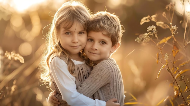 Due bambini adorabili un ragazzo e una ragazza sono in piedi in un campo di erba alta il sole sta tramontando e il cielo è di un caldo colore dorato