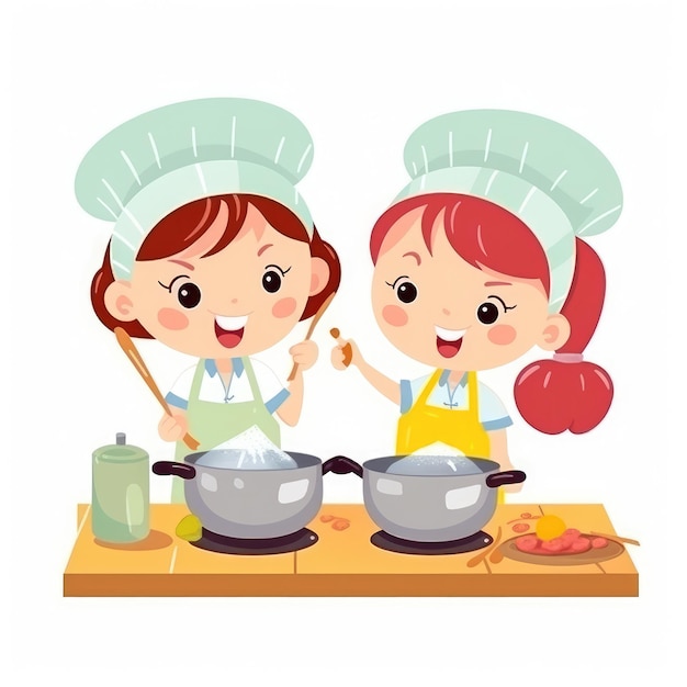 Due bambini carini che cucinano in cucina Ragazze chef felici AI generativa