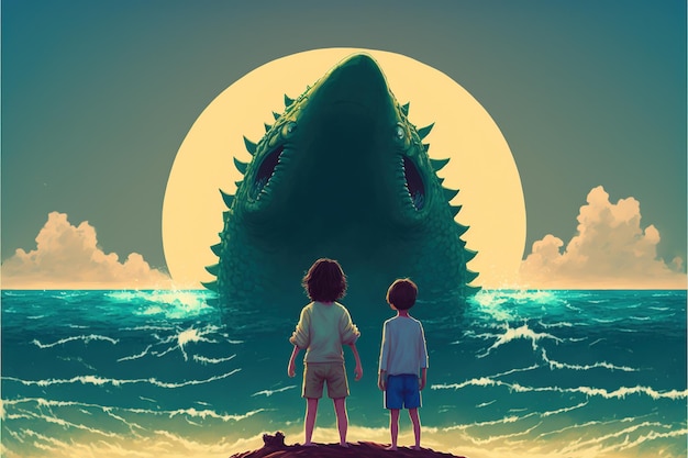 Due bambini che combattono con l'alieno gigante Ragazzo e ragazza che guardano il mostro alieno gigante all'orizzonte Pittura illustrativa in stile arte digitale