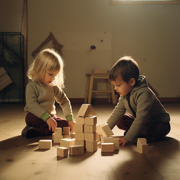 Due bambini che giocano con blocchi di legno in una stanza